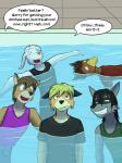 3:4 avian bird canid canine casey_ramser clothing comic deer dialogue english_text fox fuze group hi_res jessie_(texnatsu) lagomorph leporid male mammal mark_(texnatsu) procyonid rabbit raccoon rick_(texnatsu) swimming swimming_pool texnatsu text tim_(texnatsu) water wet wet_clothing