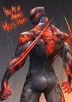 absurd_res alien alien_humanoid anzuarden back_muscles biceps biped butt carnage_(marvel) dialogue digital_media_(artwork) english_text grey_body hi_res human humanoid male mammal marvel miguel_o'hara muscular muscular_humanoid muscular_male not_furry open_mouth open_smile rear_view red_body red_eyes sharp_teeth smile solo spider-man_2099 spiderman_2099_(character) standing symbiote teeth text vein