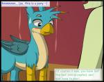 2018 avian beak blue_body blue_eyes blue_feathers blush comic countershading dialogue dialogue_box digital_media_(artwork) english_text equid equine feathers flash_draw friendship_is_magic gallus_(mlp) gryphon hasbro hi_res highlights_(coloring) horse male mammal my_little_pony mythological_avian mythological_creature mythology pony sandbar_(mlp) surprise text