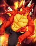 4:5 absurd_res aktiloth anthro bottomwear claws clothed clothing dragon dragon_city facial_horn fire flame_dragon_(dragon_city) flaming_wings habitat hair hi_res horn lava lava_bath lava_pool looking_at_viewer male mythological_creature mythological_scalie mythology pants pecs red_body red_scales rock scales scalie shirtless shirtless_anthro shirtless_male sitting sitting_on_ground teeth topless topless_anthro topless_male unusual_anatomy unusual_wings wings