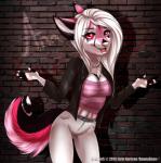 anthro breasts bunnybuns canid canine chest_tuft female fur hi_res mammal pink_body pink_fur red_eyes solo tuft