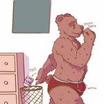 1:1 anthro bear body_hair bulge clothing deodorant fur hi_res male mammal musk muskpit sniffing sniffing_fingers sniffing_self solo underwear