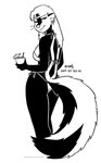 2023 anthro beverage bikini black_and_white clothed clothing container cup ear_piercing ear_ring female fluffy fluffy_tail hi_res kelly_o'dor looking_at_viewer looking_back looking_back_at_viewer mammal mephitid monochrome piercing rear_view ring_piercing skunk solo swimwear tail tegerio two-piece_swimsuit zandar's_saga