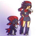 1:1 alternate_species blue_hair clothing cosplay dress duo female feral generation_4_pokemon gloves hair handwear hitec human humanized mammal nintendo pokemon pokemon_(species) red_eyes short_hair weavile