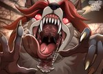 ambiguous_gender anthro bodily_fluids canid canine canis fangs fox fur hair hi_res hungrydevilgoat looking_at_viewer mammal mouth_shot open_mouth red_eyes saliva saliva_string solo teeth tongue tongue_out uvula white_body white_fur wolf