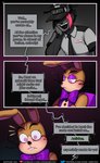 2020 anthro big_bow_tie big_ears black_background black_hair blush bottomless bottomless_male bow_tie buckteeth chair close-up clothed clothing comic comic_panel dialogue dialogue_box duo ellipsis english_text eyelashes fangs five_nights_at_freddy's five_nights_at_freddy's:_help_wanted fnaf_vr_help_wanted frown furniture glitchtrap grey_background grey_body grey_skin hair half-closed_eyes hat headgear headwear hi_res human lagomorph leporid littlegeecko long_ears long_whiskers looking_down male mammal motion_lines multicolored_body multicolored_ears multicolored_hair narrowed_eyes necktie nightguard open_mouth pink_eyes rabbit red_hair scottgames security security_guard sharp_teeth shirt simple_background sitting smile speech_bubble tan_body tan_ears teeth text text_on_clothing text_on_hat text_on_headwear topwear uniform url vest whiskers white_body white_ears wide_eyed