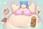 3:2 animal_humanoid belly big_belly big_breasts blue_hair blush blush_lines breasts burger cake candy cat_humanoid chocolate cleavage clothed clothing comic dessert dialogue dream eyes_closed felid felid_humanoid feline feline_humanoid female food hair huge_belly huge_breasts humanoid hyper hyper_belly ice_cream mammal mammal_humanoid morbidly_obese morbidly_obese_female morbidly_obese_humanoid myu_(pixiveo) navel obese obese_female obese_humanoid overweight overweight_female overweight_humanoid pixiveo smile solo speech_bubble stuffing text topwear weight_gain