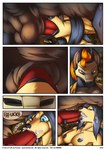 anthro anthro_on_taur backsack balls black_body black_fur black_hair black_nipples black_tongue blue_eyes bodily_fluids breasts brown_balls brown_body brown_eyes brown_fur canid canid_taur canine canis cheek_bulge clothed clothing comic cum cum_in_hair cum_in_mouth cum_inside cum_on_breasts cum_on_face cumshot dialogue digital_media_(artwork) duo ejaculation erection fellatio female fenavi_montaro fennec_fox feretta fingerless_(marking) first_person_view forest fox fur genital_fluids genitals gynomorph gynomorph/female hair herm_(lore) hi_res intersex intersex/female knot larger_intersex mammal mammal_taur mouth_full nipples oral oral_invitation oral_penetration orange_hair orgasm outside penetration penile penile_penetration penis pent_up plant sex shaded shrub size_difference smaller_intersex tale_of_tails taur taur_penetrating text tildriel tongue topless tree true_fox varvarg wolf yellow_body yellow_fur