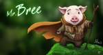 2013 anthro biped black_eyes cape character_name clothed clothing digital_media_(artwork) domestic_pig english_text eyebrows grass mammal mr._bree mr._bree_(series) open_mouth orange_cape orange_clothing plant portuguese_description solo stivenarts suid suina sus_(pig) tawstudio_entertainment text