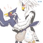 1:1 against_surface against_wall anthro athletic athletic_anthro athletic_male avian beak blue_body blue_feathers blush breath_of_the_wild duo embarrassed feathers feet from_behind_position japanese_text kusachi looking_pleasured male male/male nintendo nude revali rito sex talons teba_(tloz) text the_legend_of_zelda toes white_body white_feathers yellow_beak