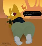 2024 anthro arbalist big_butt butt canid canine clothed clothing crossbow digital_media_(artwork) english_text female fox hi_res holding_object holding_ranged_weapon holding_weapon jen_(nitw) looking_back mammal night_in_the_woods ranged_weapon solo style_emulation text thick_thighs weapon wide_hips wolfbaloo