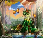 angrycontra anthro arthropod asian_clothing butterfly canid canine claws clothed clothing digital_media_(artwork) east_asian_clothing elemental_creature elemental_foxes english_text flora_fauna forest forest_background forest_fox fox fox_spirit fox_tail fur grass_hair green_body green_eyes green_fur green_hair hair hi_res insect japanese_clothing kimono leaf leaf_tail legs_in_water lepidopteran light light_beam male mammal nature nature_background outside plant pool ruins sitting smile solo submerged_legs sunbeam sunlight tail text tree url water yellow_sclera