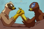 arm_wrestling avian avian_feet beak blue_markings brown_body digital_media_(artwork) doesnotexist duo feathered_crest feathered_wings feathers female feral green_eyes gryphon head_crest markings mythological_avian mythological_creature mythology quadruped saewin serilde wings