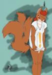 2020 angry anthro blue_background breasts brown_eyes cleavage clothed clothing cybercorn_entropic eurasian_red_squirrel exclamation_point female fur hair mammal orange_body orange_fur red_hair rodent sciurid simple_background solo squirrel_appreciation_day tree_squirrel whiskers white_body white_fur