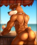 2024 5:6 anthro athletic athletic_anthro athletic_male back_muscles backsack balls banjo-kazooie banjo_(banjo-kazooie) beach beach_bar bear beverage black_nose brown_body brown_fur brown_hair butt fur genitals hair hi_res jewelry looking_at_viewer looking_back looking_back_at_viewer male mammal necklace necklace_only nude nude_anthro nude_beach nude_male outdoor_nudity outside perineum public public_nudity rareware rear_view scythemouse signature smile smiling_at_viewer solo