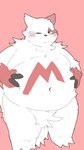 2024 9:16 anthro belly big_belly biped black_nose blush generation_3_pokemon hi_res kemono menmen_kesinn navel nintendo one_eye_closed pokemon pokemon_(species) red_body solo white_body zangoose