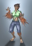 2013 animal_humanoid avian avian_humanoid bird bottomwear breast_growth breasts brown_hair clothing conditional_dnp denim denim_bottomwear denim_clothing digital_media_(artwork) digital_painting_(artwork) feathers female grey_background growth hair humanoid inert-ren jeans male mid_transformation orange_body orange_feathers pants simple_background solo transformation