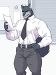 3:4 angry annoyed anthro belt black_body bottomwear business_suit canid canine canis clothed clothing front_view furtissier hand_on_hip hi_res male mammal muscular muscular_male necktie office pants shirt solo suit topwear white_clothing white_shirt white_topwear wolf