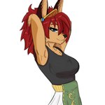 1:1 absurd_res adjusting_hair anthro ayn_(fluff-kevlar) bedroom_eyes big_breasts blue_eyes breasts brown_body brown_fur canid canine canis capngoku clothed clothing crown ear_piercing ear_ring eyebrows facial_piercing female fully_clothed fur hair hands_behind_head headgear hi_res jackal jewelry labret_piercing lip_piercing looking_aside looking_at_viewer mammal narrowed_eyes piercing raised_arm red_hair ring_piercing seductive shirt simple_background smile solo tank_top tiara topwear white_background