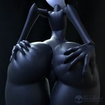 1:1 3d_(artwork) 5_fingers absurd_res anthro anus arachnid arthropod artist_logo artist_name big_butt biped bubble_butt butt butt_grab butt_squish digital_media_(artwork) female fingers genitals glistening glistening_body hand_on_butt hi_res hollow_knight hornet_(hollow_knight) huge_butt huge_hips logo looking_at_viewer looking_back looking_back_at_viewer narrow_shoulders presenting presenting_anus presenting_hindquarters presenting_pussy pussy question_mark rear_view segmented_arms segmented_body sharpybutts simple_background small_waist solo spider spread_butt spreading squish team_cherry text thick_thighs url wasp_waist wide_hips