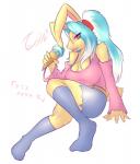 2015 anthro belt big_breasts biped blue_hair bottomwear breasts brown_body brown_fur cleavage clothed clothing dessert female food footwear fur hair half-closed_eyes hi_res ice_cream lagomorph legwear long_hair mammal narrowed_eyes open_mouth red_eyes shirt shorts simple_background sitting socks solo tailzkim text tongue tongue_out topwear torn_clothing white_background white_hair