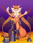 absurd_res anthro armor breasts claws featureless_breasts featureless_crotch female hair hi_res looking_at_viewer meicrackmon_vicious_mode myssedakes orange_body orange_hair red_eyes solo