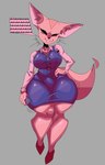 aggretsuko anthro big_breasts big_ears black_eyes breasts canid canine clothed clothing dress female fennec_fox fenneko fox fully_clothed fur hand_on_hip hi_res laugh mammal office_lady open_mouth sanrio solo speech_bubble standing tan_body tan_fur thick_thighs true_fox unavailable_at_source underflowing_text vocalization wide_hips xexeezy