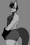 absurd_res anthro big_butt butt clothing dalethblack digital_media_(artwork) dragon fur hair hi_res looking_at_viewer male mammal monochrome mythological_creature mythological_scalie mythology scalie simple_background smile solo tail