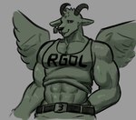 abs anthro belt belt_buckle bottomwear bovid buckle caprine clothing coffee_stain_studios crop_top dynogreeno ear_piercing ear_tag epic_games feathered_wings feathers female fortnite goat goat_simulator hi_res horizontal_pupils horn male mammal monochrome muscular muscular_anthro muscular_female pecs piercing pilgor_(goat_simulator) pupils shirt sketch solo text text_on_clothing text_on_topwear tongue tongue_out topwear wings