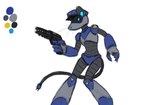 android anthro armor_plates armored_boots blue_body clothing digital_media_(artwork) female grey_body gun hat headgear headwear hi_res holding_gun holding_object holding_ranged_weapon holding_weapon holographic_eyes j4ne_(sealer4258) joints living_machine machine police police_hat police_officer ranged_weapon robot robot_anthro screen screen_face sealer4258 simple_background solo tail tail_wire weapon