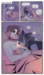 3_panel_comic anthro balls blue_body blue_fur blue_hair brown_body brown_fur canid canine canis clay_(sparkibarki) comic cuddling dialogue domestic_dog duo edith_(sparkibarki) english_text eyes_closed flaccid fur genitals hair half-closed_eyes hi_res humanoid_genitalia humanoid_penis male male/male mammal narrowed_eyes nude penis scar scars_all_over sleeping sound_effects sparkibarki speech_bubble stubble text vowelless vowelless_sound_effect zzz