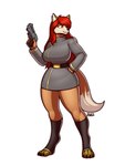 2022 3:4 anthro belt big_breasts blazbaros breasts brown_body brown_fur canid canine canis clothed clothing dipstick_tail domestic_dog female fox fur gun hair hand_on_hip hi_res husky hybrid inner_ear_fluff mammal markings nordic_sled_dog ranged_weapon red_hair solo solstice_dewinter spitz tail tail_markings tan_body tan_fur thick_thighs tuft weapon wide_hips