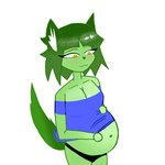 1:1 :3 black_clothing black_panties black_underwear blue_clothing blue_shirt blue_topwear blush breasts cleavage clothed clothing cupcakezoo digital_drawing_(artwork) digital_media_(artwork) female fur green_body green_fur green_hair green_nose hair hands_on_belly heart_nose heart_symbol inner_ear_fluff looking_at_belly panties portrait pregnant prick_ears shirt simple_background smile three-quarter_portrait topwear tuft underwear unknown_species white_background yellow_eyes