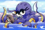 absurd_res barrel beak beverage brown_eyes cephalopod coleoid croc_(series) decapodiform drinking_straw eyelashes female feral hi_res keg marine mollusk naysu soda solo soveena_the_squid squid tentacles water