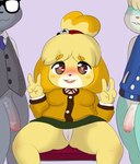 2024 animal_crossing anthro biped blonde_hair blush bottomless bottomwear breasts camel_toe canid canine canis clothed clothing domestic_dog female genitals gesture group hair hand_gesture heart_eyes heart_symbol hi_res isabelle_(animal_crossing) looking_at_viewer male mammal mr-shin nintendo panties penis raymond_(animal_crossing) sasha_(animal_crossing) shih_tzu skirt smile spread_legs spreading thick_thighs toy_dog trio underwear upskirt v_sign yellow_body