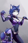 2024 2:3 accessory anthro beads belt blue_body blue_fur blue_hair bodysuit breasts canid canine clothing collarbone eyebrows eyelashes female fox fur furgonomics green_eyes gun gun_holster hair hair_beads hi_res inner_ear_fluff krystal's_staff krystal_(star_fox) looking_at_viewer mammal medium_breasts nintendo ranged_weapon roksodraws short_hair skinsuit solo staff star_fox tail tail_accessory tailband tight_clothing tuft weapon white_body white_fur