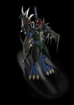 2012 absurd_res ambiguous_gender anthro armor bandai_namco big_claws big_feet black_background blue_body blue_scales chin_spikes claw_fingers claws colored digimon digimon_(species) dragon_wings facial_spikes feet headgear helmet hi_res looking_away mearns multicolored_body paildramon scabbard scales scalie shaded shadow simple_background solo spikes spikes_(anatomy) spotlight two_tone_body weapon wings