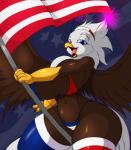 2019 4th_of_july accipitrid accipitriform american_eagle american_flag anthro avian bald_eagle beak bird breasts brown_body brown_feathers clothed clothing conditional_dnp digital_media_(artwork) eagle feathers female flag hi_res holidays legwear liberty_(suirano) looking_at_viewer multicolored_body multicolored_feathers navel nipple_outline non-mammal_breasts non-mammal_navel open_beak open_mouth sea_eagle signature solo spread_wings suirano thick_thighs tongue two_tone_body two_tone_feathers united_states_of_america white_body white_feathers wide_hips wings yellow_beak