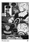 anthro big_breasts breasts clothed clothing comic cricetid dialogue duo english_text felid female hamster hi_res hybrid liger male mammal monochrome nimzy noms_(nimzy) pantherine rodent shirt text tobi_(nimzy) topwear