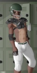 5_fingers abs american_football anthro anthrofied armor athletic athletic_male bambi_(film) biped black_nose bottomwear brown_body brown_fur bulge clothed clothing countershading deer disney elbow_pads fingerless_(marking) fingers football_gear football_helmet fur green_eyes headgear helmet hi_res humanoid_hands inside locker locker_room looking_at_viewer male mammal mule_deer navel new_world_deer pants portrait ronno shoulder_pads sigma_x smile solo sport standing tan_body tan_fur three-quarter_portrait