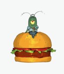 1_eye 2023 antennae_(anatomy) anthro arthropod belt bottomwear burger clothed clothing copepod crossed_legs crustacean digital_media_(artwork) eyebrows food fruit fully_clothed green_body green_skin hi_res kogito krabby_patty lettuce male marine maxillopod micro necktie nickelodeon on_model pants plankton_(species) plant red_eyes sheldon_j._plankton shirt simple_background sitting smile solo spongebob_squarepants tomato topwear vegetable white_background yellow_sclera