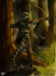 2016 3:4 absurd_res agamid aiming aiming_weapon anthro aquaticas argonian armor arrow_(weapon) australian_water_dragon biped black_markings bow_(weapon) brown_armor brown_eyes detailed_background digital_media_(artwork) digital_painting_(artwork) forest furgonomics grass green_body green_scales green_tail hi_res holding_object holding_weapon leather leather_armor lizard looking_aside male markings microsoft multicolored_body multicolored_scales multicolored_tail nature outstretched_arm plant plantigrade ranged_weapon rear_view reptile restricted_palette scales scalie signature solo standing striped_markings striped_tail stripes tail tail_markings tapering_tail the_elder_scrolls tree two_tone_body two_tone_scales two_tone_tail water_dragon_(agamid) weapon year