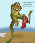 amphibian anthro balls beach blush clothing dialogue disney embarrassed foreskin frog genitals half-erect hi_res illegaleel male nude_beach penis prince_naveen saggy_balls sign smile solo swimming_trunks swimwear talking_to_viewer the_princess_and_the_frog undressing