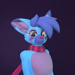 1:1 anthro blue_body blue_fur blue_hair blush blushing_at_viewer canid canine eyewear flat_chested fox fur glasses hair hi_res looking_at_viewer male mammal red_eyes red_nose scarf simple_background solo username-password username_(character)