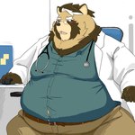 1:1 2024 anthro belly big_belly bottomwear brown_body brown_fur canid canine chair chihaku_daga clothing computer doctor electronics eyewear fur furniture glasses hi_res kemono male mammal medical_instrument obese obese_male overweight overweight_male pants raccoon_dog scientific_instrument shirt sitting solo tanuki topwear