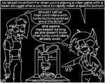 animatedjames anthro archived_source black_and_white border bottomwear canid canine clothing comic controller dialogue duo english_text female fluffy fluffy_tail fox game_controller hair human humor looking_at_object macy mammal monochrome nova_(animatedjames) pants robot_hand shirt shorts simple_background smile speech_bubble tail text thought_bubble topwear white_border