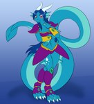 2019 after_transformation anthro aquatic_dragon armor blue_body blue_hair blush digitigrade dragon feet female hair hi_res long_tail looking_down marine membrane_(anatomy) mythological_creature mythological_scalie mythology navel oter pauldron purple_eyes scalie simple_background solo standing tail toes unconvincing_armor webbed_feet webbed_hands