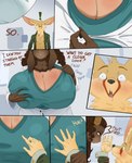 absurd_res anthro big_breasts bovid breast_grab breasts brown_hair canid canine caprine cleavage clothed clothing comic dialogue dillan_(jludragoon) dreamy_pride duo english_text female fennec_fox fox fur hair hand_on_breast hi_res huge_breasts male mammal mature_female severa_tettona text true_fox yellow_body yellow_fur