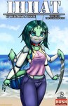 2023 absurd_res antennae_(anatomy) anthro arthropod arthropod_abdomen beach bottomwear breasts clothed clothing cloud collar comic cover cover_art cover_page digital_drawing_(artwork) digital_media_(artwork) emerald_(viroveteruscy) english_text female green_hair hair hi_res if_hell_had_a_taste insect mantis multi_limb non-mammal_breasts pants sand sea_side seaside shirt sky solo teal_eyes text topwear viroveteruscy water