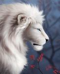 2016 anchee black_nose blue_eyes blurred_background bust_portrait depth_of_field detailed_background digital_media_(artwork) digital_painting_(artwork) felid feral fluffy fur hi_res inner_ear_fluff leaf lion looking_away male mammal mane pantherine plant portrait rakeesh side_view solo tree tuft whiskers white_body white_fur